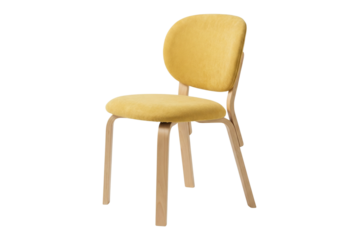 Stylish Yellow Upholstered Chair with Wooden Legs isolated on Transparent Background