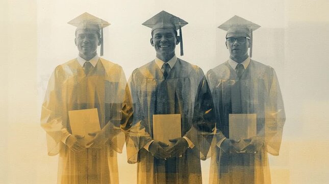 Three happy diverse graduates in gowns holding diplomas, double exposure artistic style, graduation celebration concept.