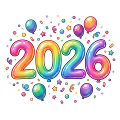 Colorful 2026 Balloon Numbers with Confetti and Balloons.