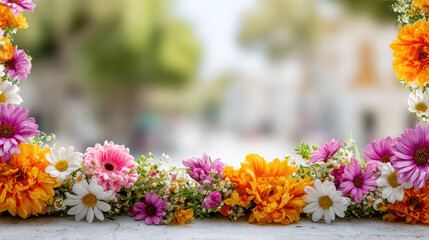 Spring flower festival banner background colorful garden border joyful mood, bright blossom frame on stone table outdoor park scene