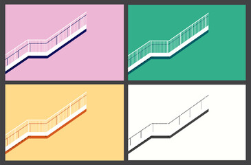 Vector illustration of a stair case stepping up from a side view with railing and fence and shadow with example colour combination and background.