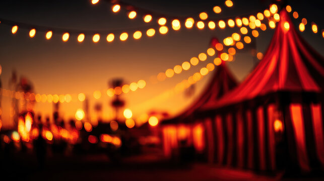 Festival lights string light sunset sky carnival tent bokeh background warm glow evening outdoor celebration fairground festival lights string - Powered by Adobe