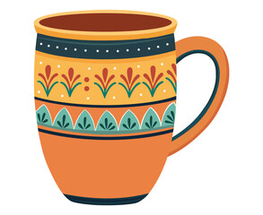 A illustration orange and yellow ceramic mug with floral and geometric patterns