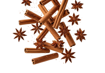Photorealistic brown cinnamon sticks and dark star anise pieces, with spice particles, frozen in active descent against a transparent background, dynamic concept of aromatic spices in motion