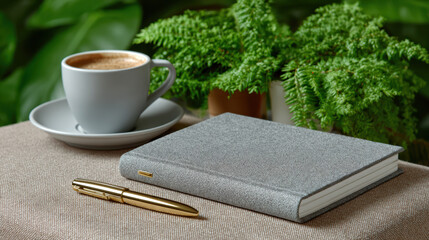 Productivity concept tidy desk with planner, notebook, pen, coffee, plant, green leaf background on fabric surface create calm focus mood