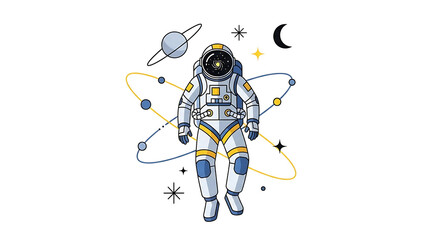 Astronaut floating in space with planets and stars (1)