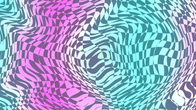Warped Checkerboard Pattern with Pink and Teal Gradient Motion Background