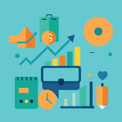 Business finance growth flat illustration with charts briefcase and icons