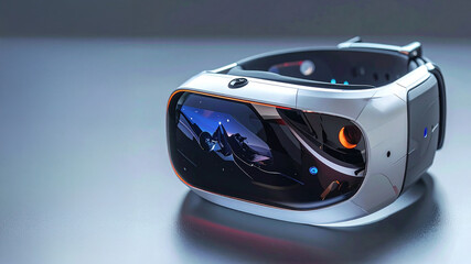 VR headset. AR goggles. Spatial computing hardware. Lens reflection. Metaverse equipment. User interface display. Innovation technology. Wearable device. Gadget on surface.