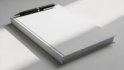 Clean white book mockup with pen, soft lighting, and professional minimal layout.