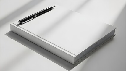 Clean white book mockup with pen, soft lighting, and professional minimal layout.