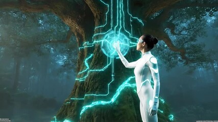Mystical Forest Interface: A woman interfaces with an illuminated data-driven tree in an enchanted forest setting, exploring the synergy between technology and nature.