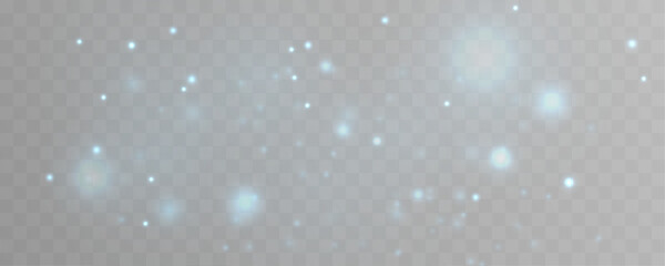 Soft blue glowing dust sparkles with glitter, sparks, shimmer over blurred bokeh. Luminous particles, twinkle, radiant highlights create festive Christmas and New Year magic. PNG vector illustration. © longstock