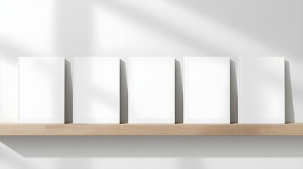 Clean bookshelf mockup with blank book spines and soft realistic lighting.