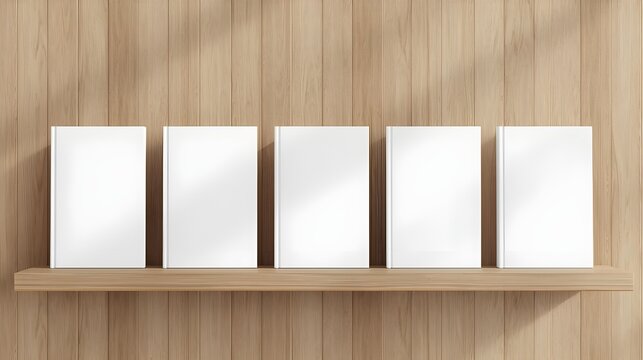 Clean bookshelf mockup with blank book spines and soft realistic lighting.