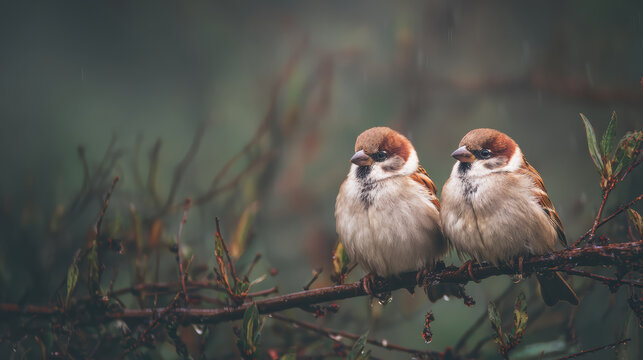 Sparrow pair small bird bird branch rain nature wet feather wildlife outdoor peaceful sparrow pair perched wet branch gentle rain soft nature light
