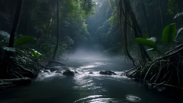 Dark tropical river flowing through a dense jungle with fog and lush foliage under a shadowy canopy