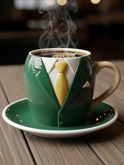 Unique coffee mug shaped like a green suit with a yellow tie, steaming hot beverage