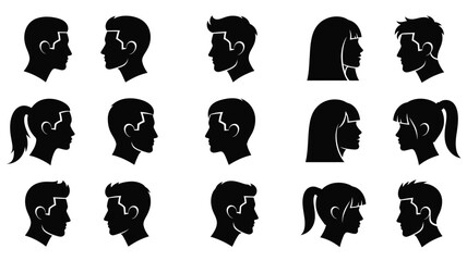 Diverse collection of human face profiles in striking black silhouette