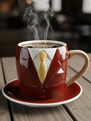 Unique coffee mug shaped like a business suit with a yellow tie, steaming hot beverage