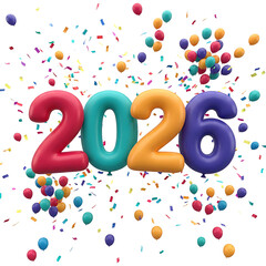 Happy New Year 2026 celebration with colorful balloons and confetti.