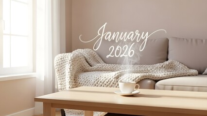 January 2026 Soft Cozy Living Room with Knitted Blanket and Coffee Cup