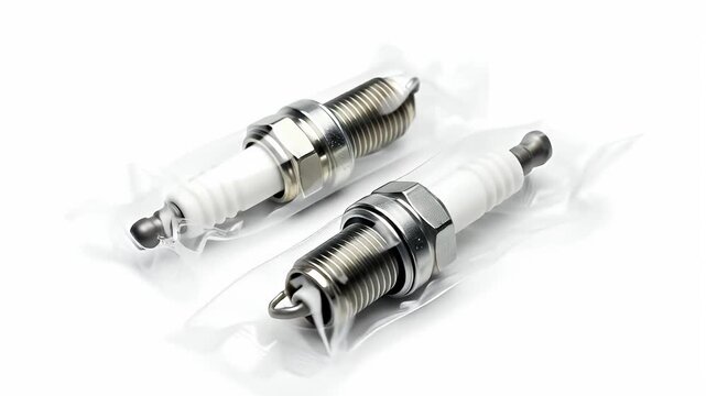 Two new spark plugs for car engine maintenance isolated on a clean white background ready for installation and optimal performance.