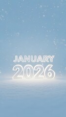 January 2026 Minimal White Text with Falling Snow on Blue Background