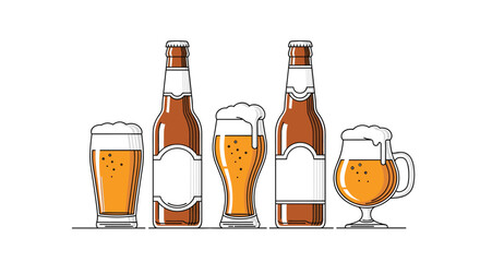 Selection of various beer glasses and bottles with realistic details is perfect for advertising beverage menus and social event promotions.