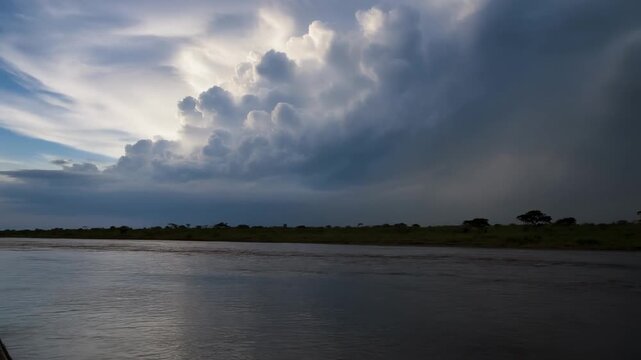Dramatic thunderhead storm clouds building over a vast river at sunset creating a moody and powerful African landscape