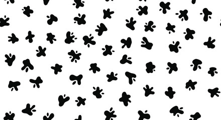 Simple seamless monochrome pattern of abstract black inkblots or cow spots scattered randomly on a clean white background.