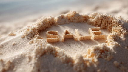 3D word SALE written in sand. Summer beach holiday discount and shopping promotion background texture.