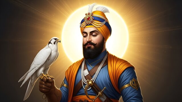 Detailed Portrait Guru Gobind Singh Holding Falcon Religious Historical Artwork