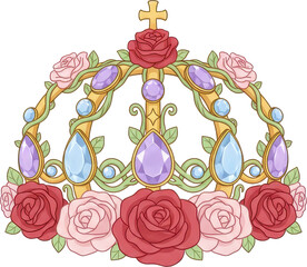 A golden crown adorned with roses and colorful gemstones
