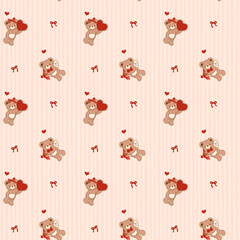 Coquette Valentine Romantic Teddy Bear Cupid seamless pattern Striped Vintage Retro Shabby Chic Preppy Printable Background