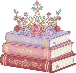 Stack of beautifully decorated books topped by a crown with roses and jewels