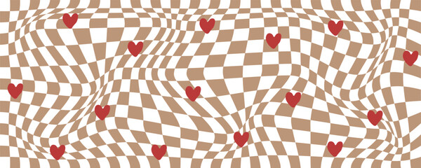 Abstract wavy checkered pattern with red hearts on brown background. Modern romantic seamless design for Valentine&rsquo;s, textile prints, wallpapers, and digital projects