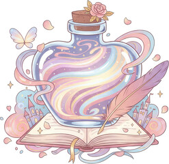 Whimsical fantasy potion bottle filled with colorful magic resting on an open book with castles