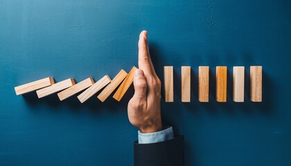 Risk Management Concept with Hand Stopping Domino Effect for Business Protection