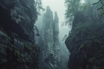 Mysterious dark green mossy canyon landscape with fog and tall rock pillars during a misty day