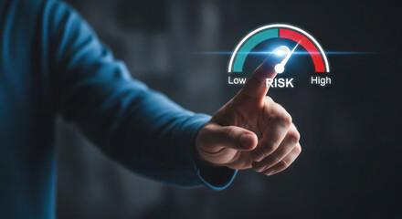 Hand reaching towards a digital risk meter, indicating levels from low to high, symbolizing decision-making and risk assessment in business environments