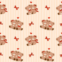 Coquette Valentine seamless pattern vintage Teddy Bears Couple Hugging Striped Retro Shabby Chic Preppy Printable Background