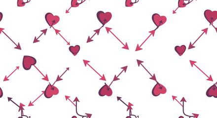 Seamless pattern with a network of pink hearts connected by arrows, symbolizing love, connection, and relationships on a white background.