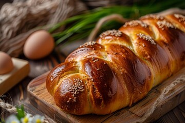 Fototapeta premium Freshly baked braided challah bread sprinkled with sesame seeds sits on a wooden cutting board, accompanied by eggs, creating a cozy, rustic scene