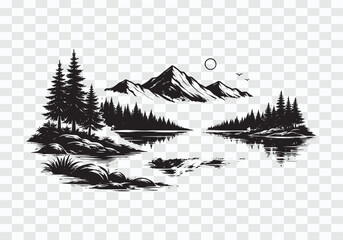 Monochromatic Mountain Lake Landscape with Pine Trees