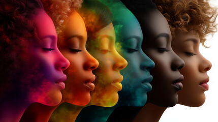 A highly realistic conceptual graphic composition depicting a diverse group of human profiles shown in side view, arranged closely together in a horizontal lineup that fills the fr