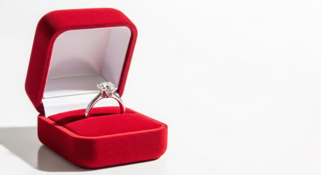 Elegant diamond engagement ring displayed in a luxurious red velvet box, symbolizing love and commitment for Valentine's Day celebrations