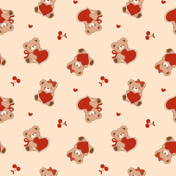 Coquette Valentine seamless pattern vintage Teddy Bears Hugging Heart Riffon Striped Retro Shabby Chic Preppy Printable Background