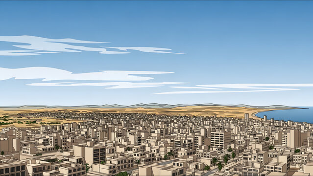 A clean line art aerial illustration of the coastal city of Pimentel Peru showing buildings and the Pacific Ocean coastline