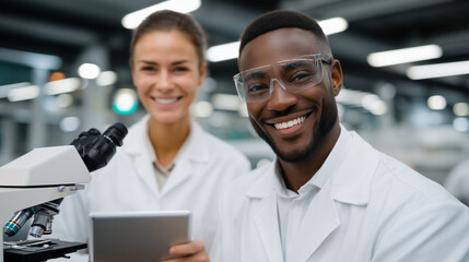 hyper-realistic professional laboratory lifestyle photograph set inside a modern medical research facility, showing a diverse team of young scientists actively working together on